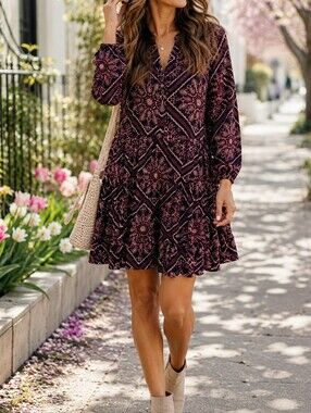 NWT APRICOT Plum Floral Print Long Sleeve Mini Dress Boho Romantic Tiered Dress